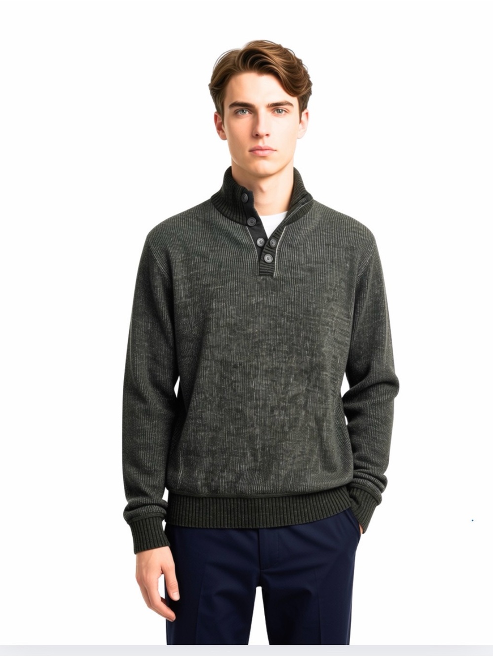 GAP Men's Olive Green Quarter-Button Mock Neck / Stand Collar Sweater